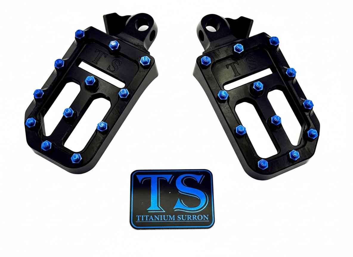 TS Foot Pegs W/ Titanium Grips for Most E - moto with blue titanium grips
