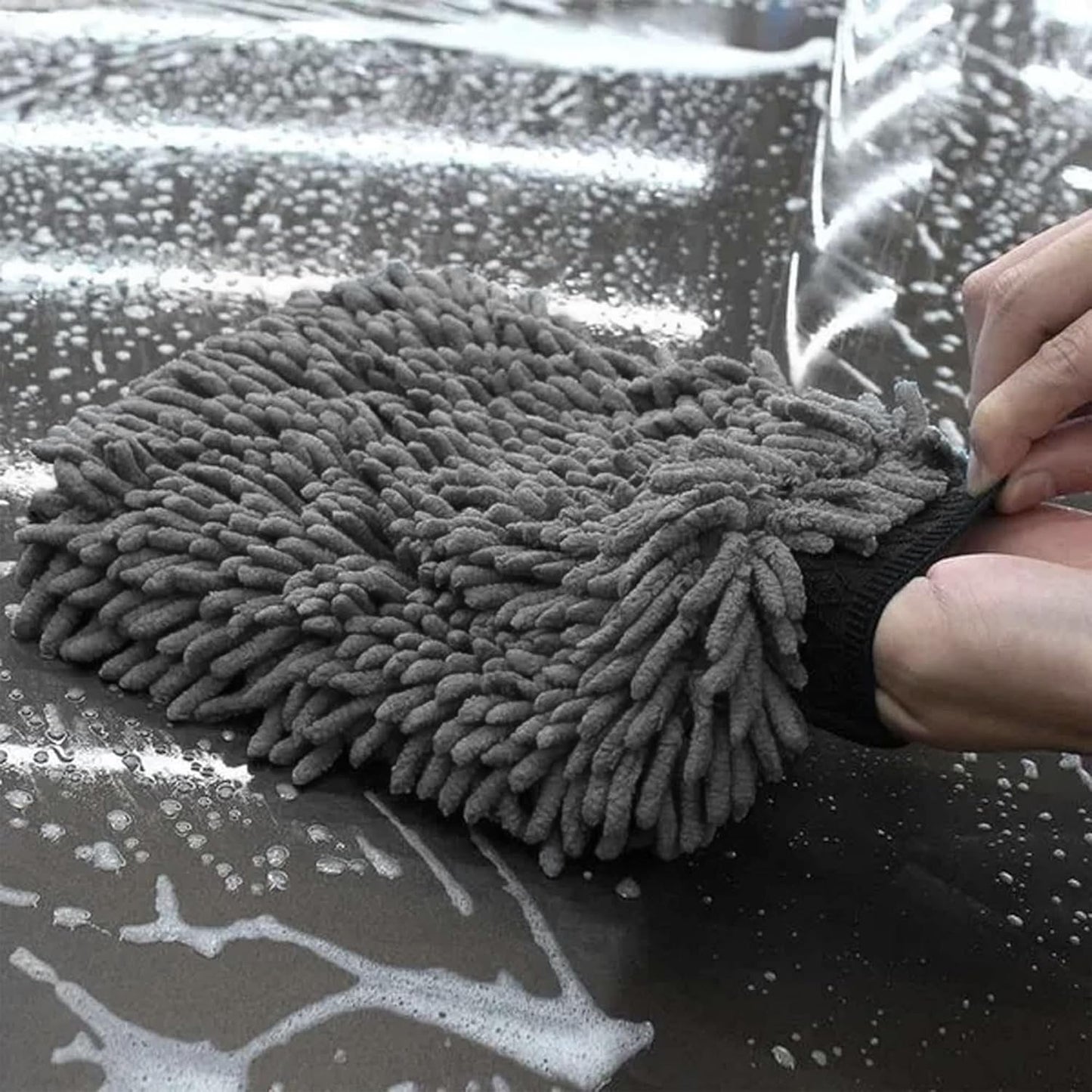 WASH&WHIPS Chenille Premium Scratch - Free Microfiber Lint - Free Blue Wash Mitt 8" x 10"in & Black Pitstop Particle Interceptor