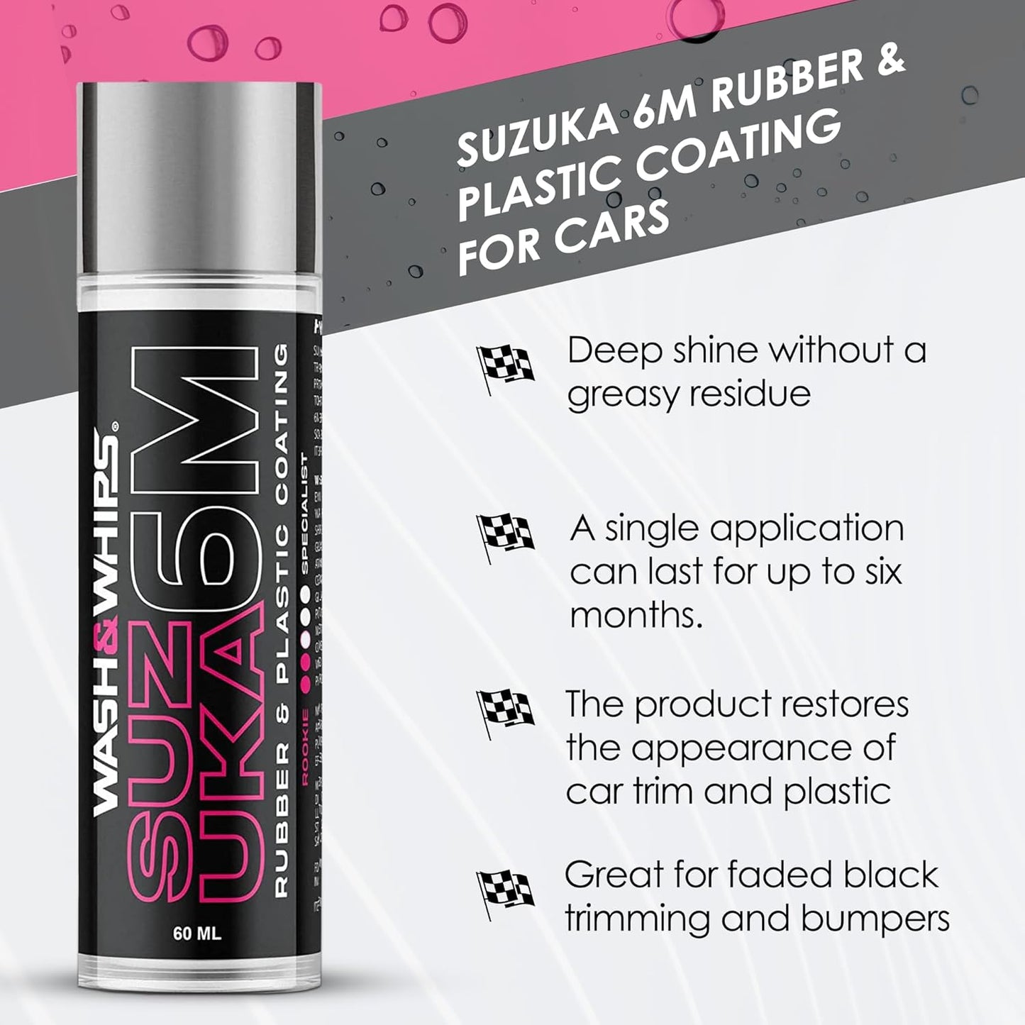 WASH&WHIPS Suzuka 6M Rubber & Plastic Coating for Cars, Restores and Brings Back Black - Concentrated Formula Non - Greasy, 60ml