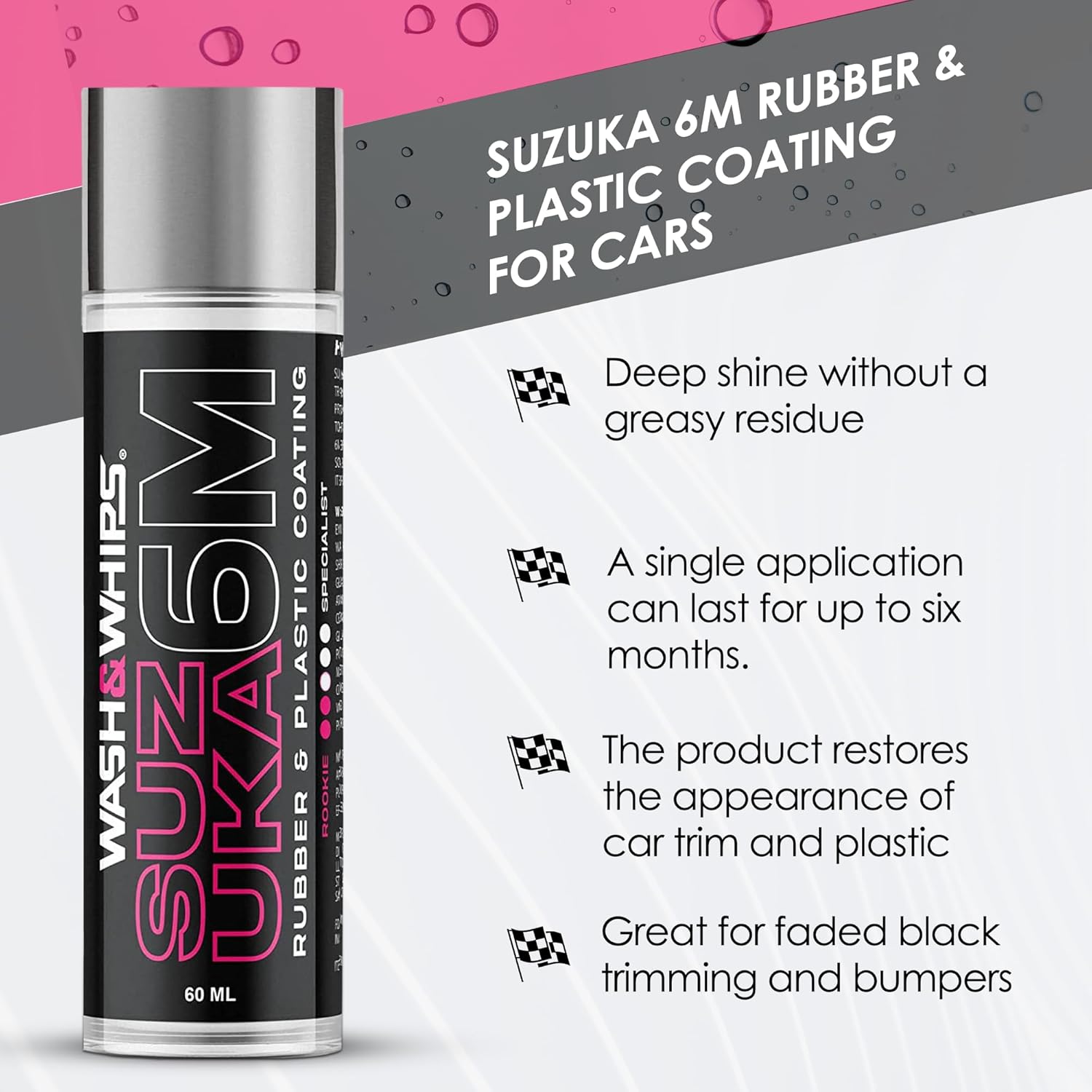 WASH&WHIPS Suzuka 6M Rubber & Plastic Coating for Cars, Restores and Brings Back Black - Concentrated Formula Non - Greasy, 60ml
